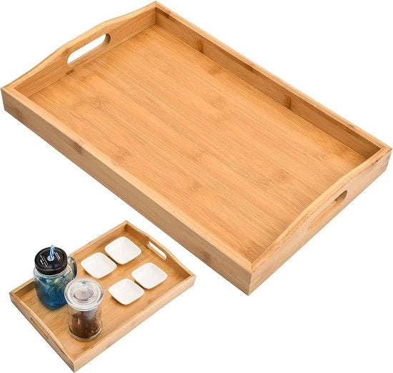 Dienblad in Bambù con maniglie, grande, rettangolare, tavola in legno, tavola da cucina, 38 x 25 x 5 cm, tavola per il pranzo ecolabile per colazione, servizio e bevande
