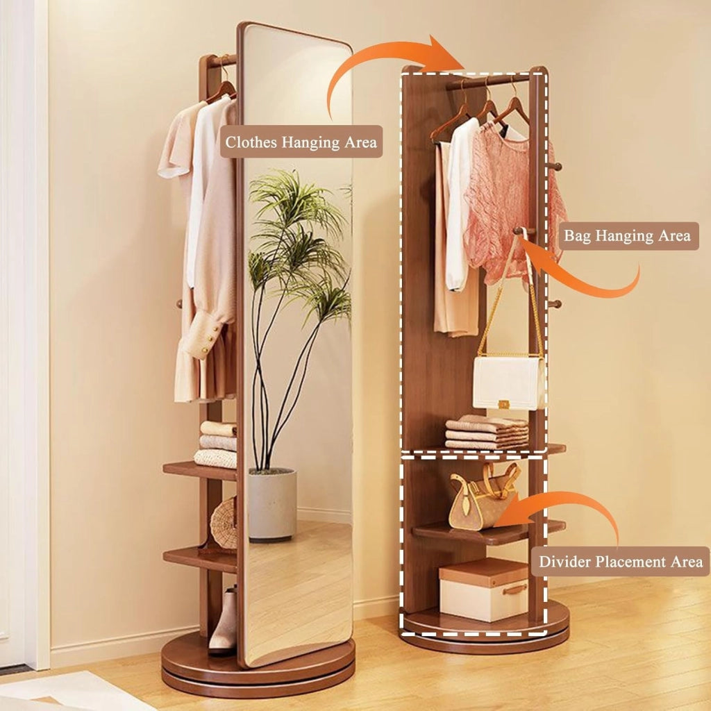 Specchio a Figura Intera in Legno Girevole a 360° con attaccapanni Specchi da Pavimento e attaccapanni Specchio Girevole a Figura Intera per Soggiorno Camera da Letto Appendiabiti Un Support