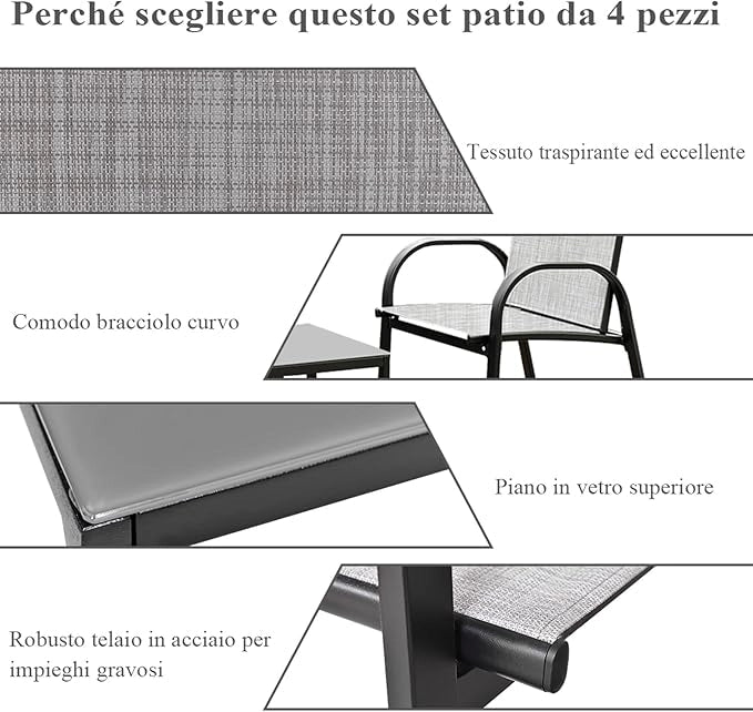 Set da Giardino con 4 Pezzi, Set da Giardino per Chiacchierare, Sedie da Giardino con Tavolino in Vetro, con Struttura Resistente in Ferro, Tessuto a Rete Traspirante (Grigio)