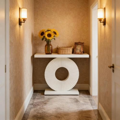 Consolle elegante in MDF e metallo con struttura floreale per ingresso e soggiorno bianca 107 × 41,5 × 33 cm