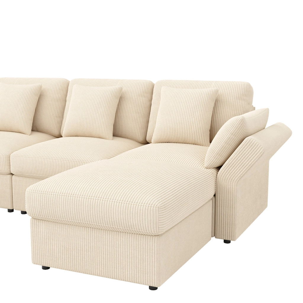 Divano angolare modulare a U in corduroy beige con poggiatesta, pouf mobili e braccioli regolabili