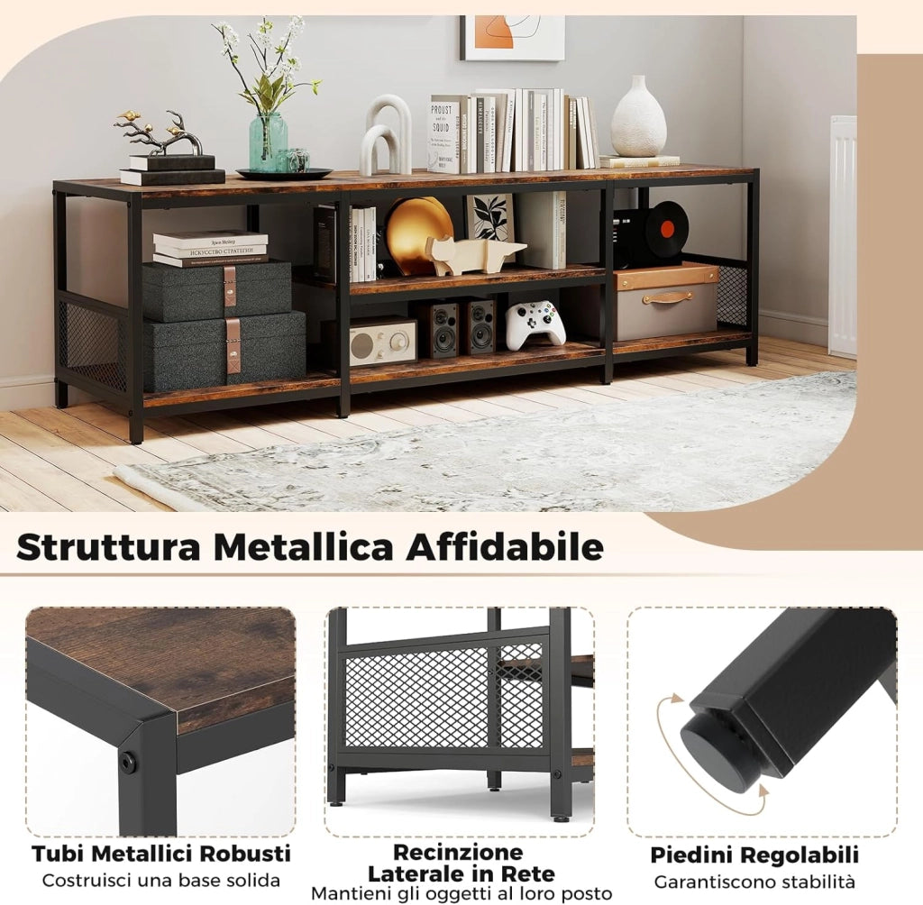 Mobile TV fino a 65’’, Mobile Porta TV con Mensole Aperte, Consolle Media Industriale, Centro Intrattenimento Basso Salotto, per Soggiorno e Camera da Letto
