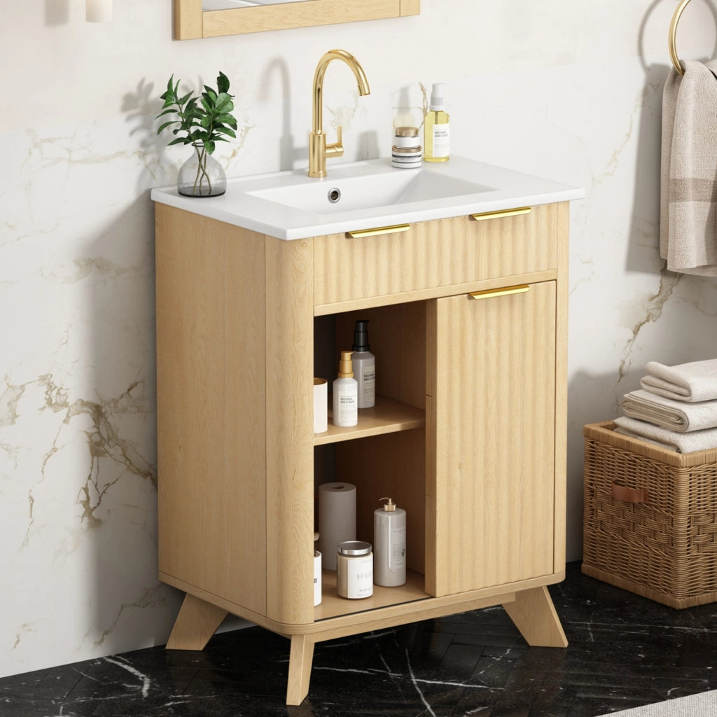 Mobile sottolavabo con 3 cassetti e anta scorrevole - per bagno - in MDF e ceramica - 61x47x90 cm - legno naturale