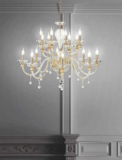 LAMPADARIO ROXANNE 16 LUCI ATTACCO E14 D.96CM ORO E TRASPARENTE