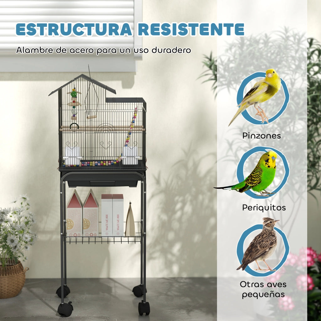 Gabbia per Uccelli con Ruote 2 Mangiatoie ¨C zephmum ¨C Nero 46x36x120 cm