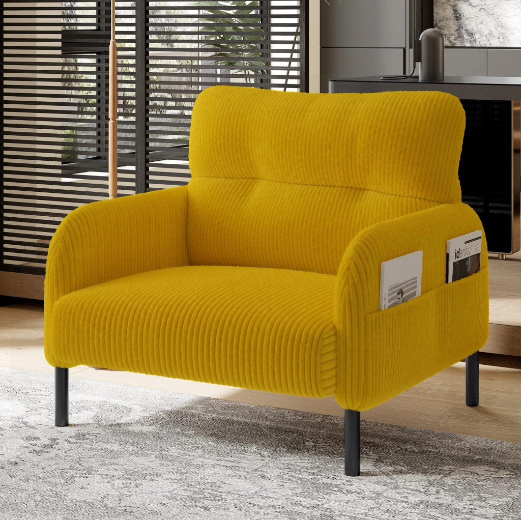 Set divano; poltrona e pouf con tasca laterale in corduroy giallo