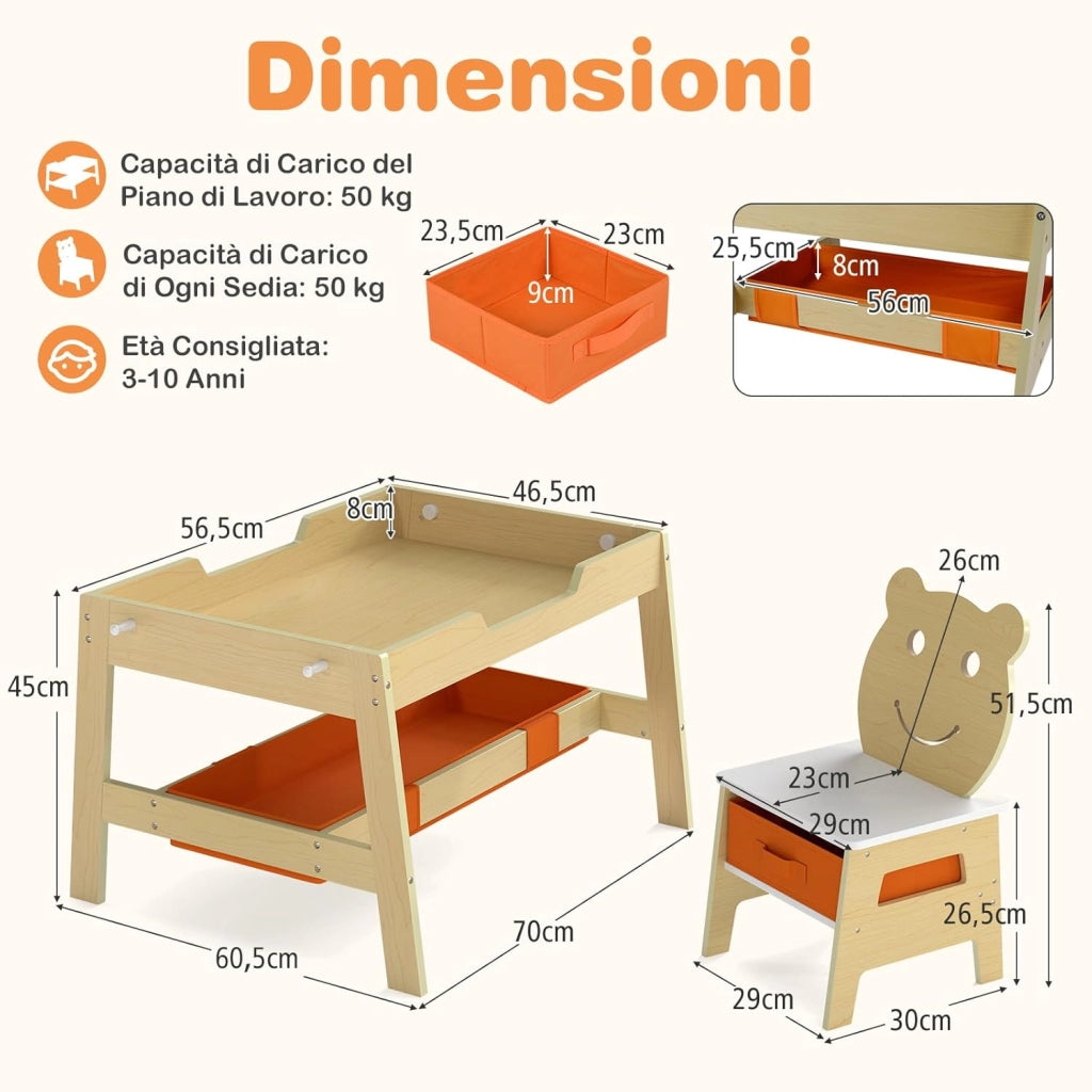 Set Tavolo e 2 Sedie per Bambini, 5 in 1 Tavolino e Sedie con 4 Ganci, 3 Scatole in Tessuto e Lavagna Reversibile per Bambini 3+ Anni per Cameretta Ragazzi (Naturale, Stile 4)