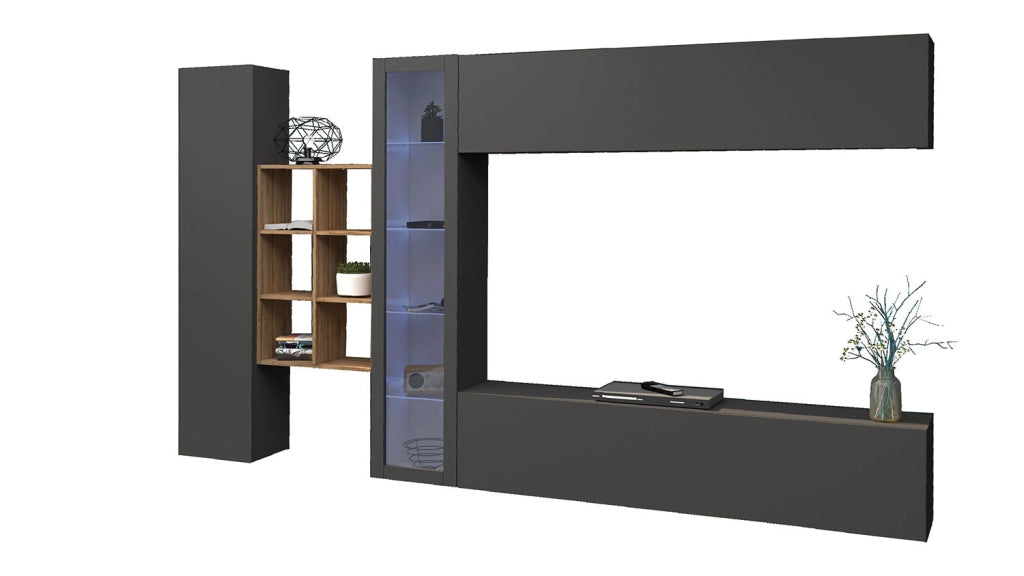 Parete Attrezzata Soggiorno 340x30x180 cm Maruska n°14 Grigio Antracite Opaco/Rovere Wotan