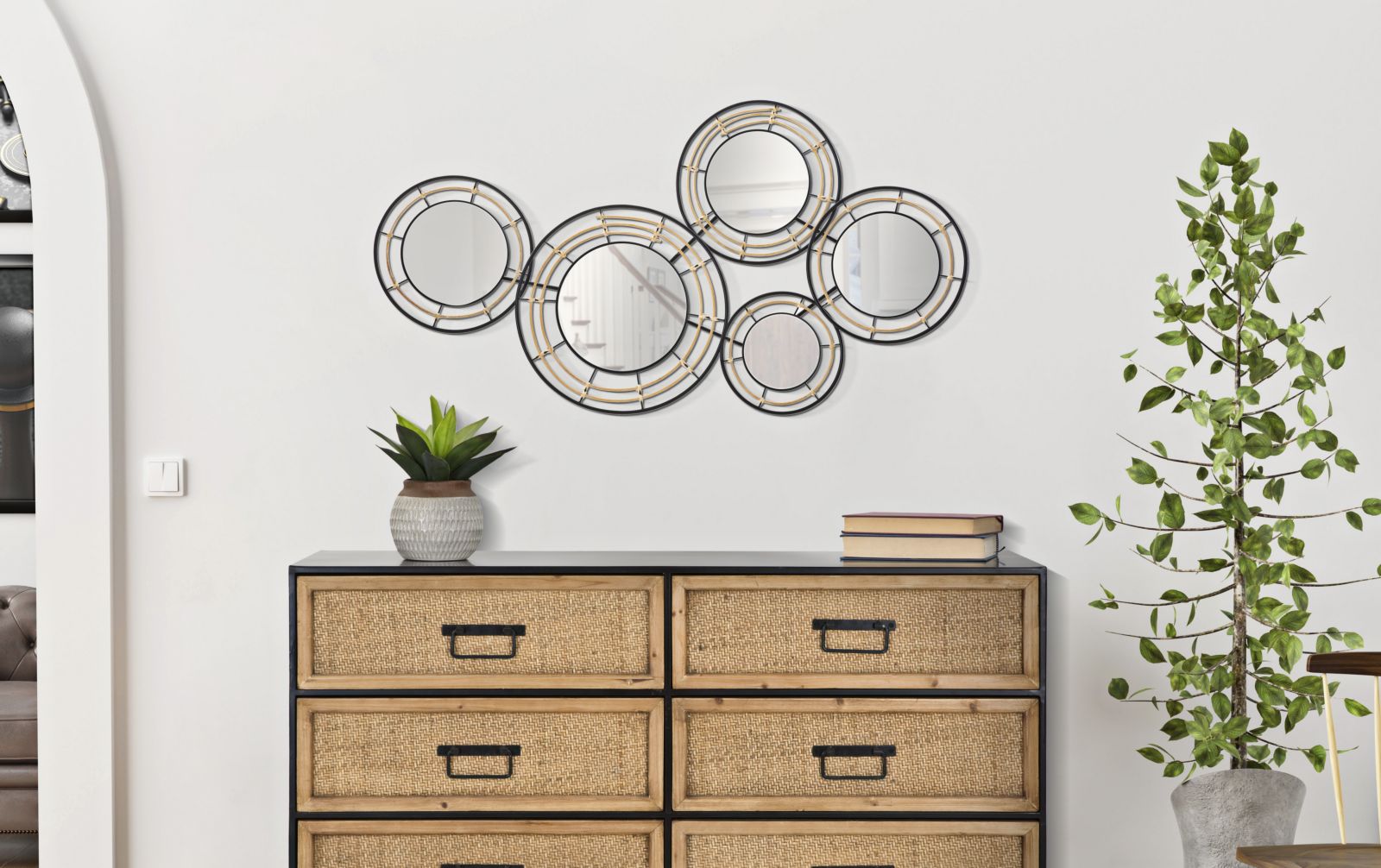 Pannello da Muro con Specchi Oporto 111x9,5x59 cm in Rattan