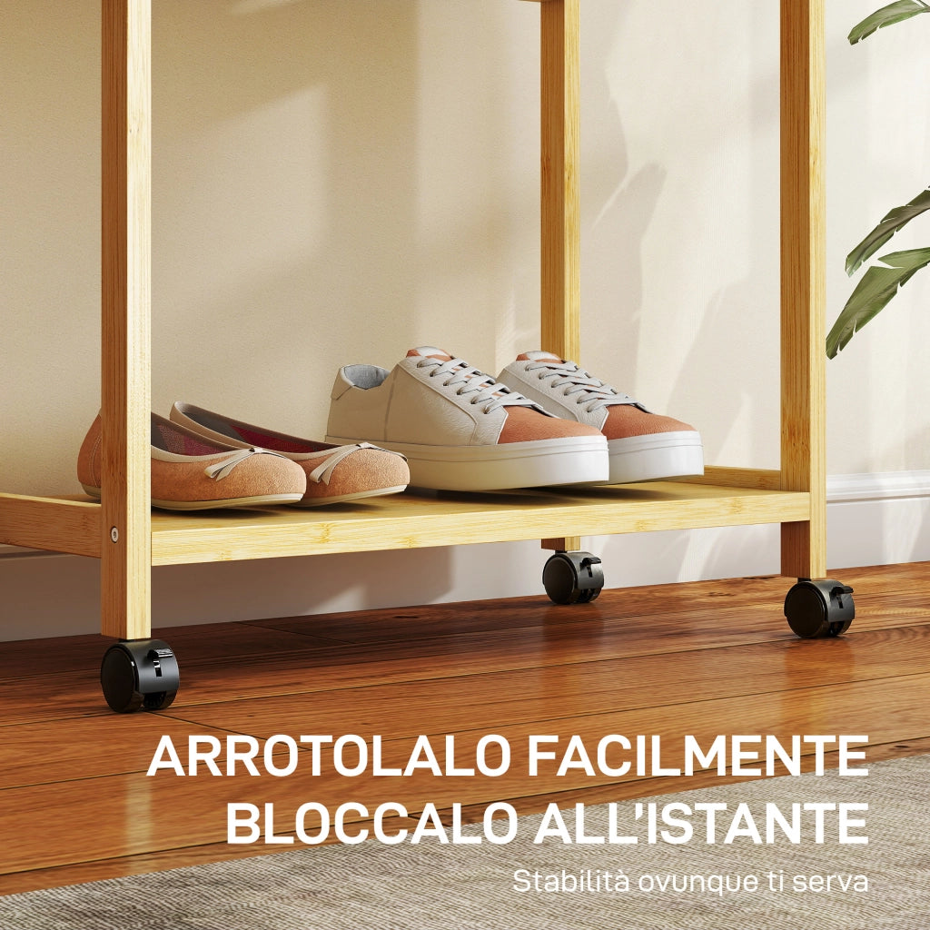 Stand Appendiabiti da Terra 70x35x175 cm con Barra Ripiani e 4 Ruote in Bambù Legno Naturale