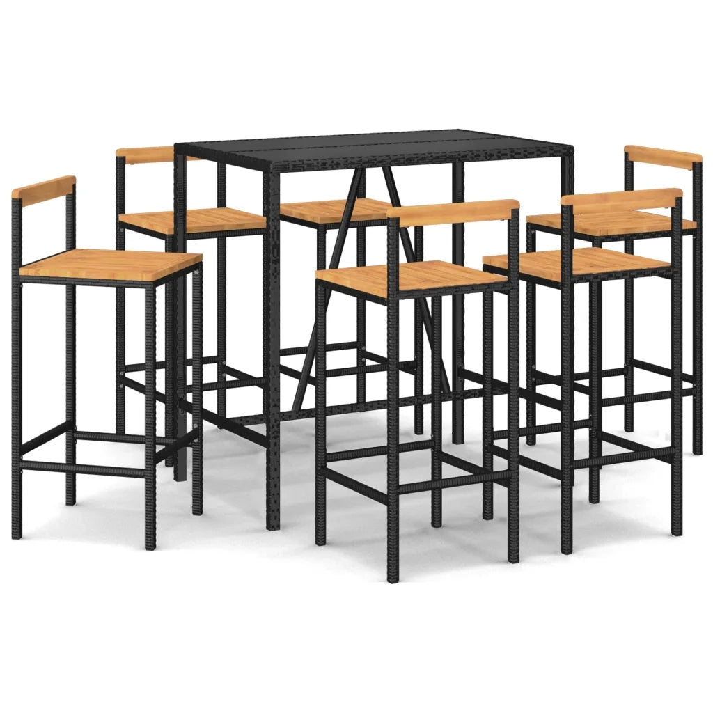 Set Bar Giardino 7 pz Nero Polyrattan e Legno Massello Acacia 3187694