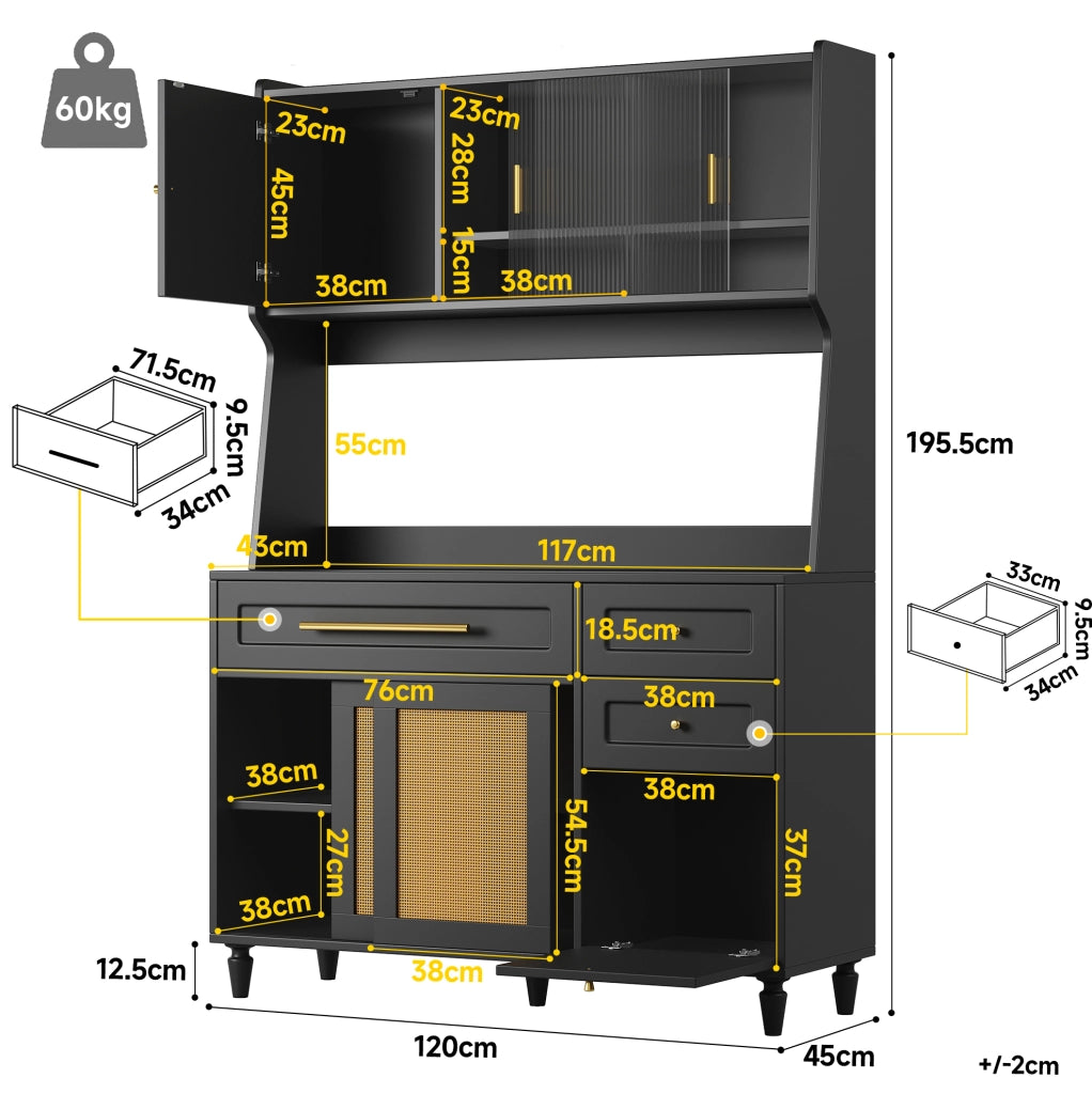 Credenza alta 120x45x195.5 cm con LED; 3 cassetti e ripiani regolabili in MDF e pannello truciolare nero