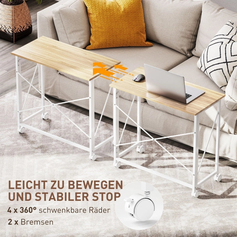 Scrivania pieghevole con 4 ruote e 2 freni, in MDF e acciaio, per piccoli spazi, naturale, 80 × 40 × 75 cm
