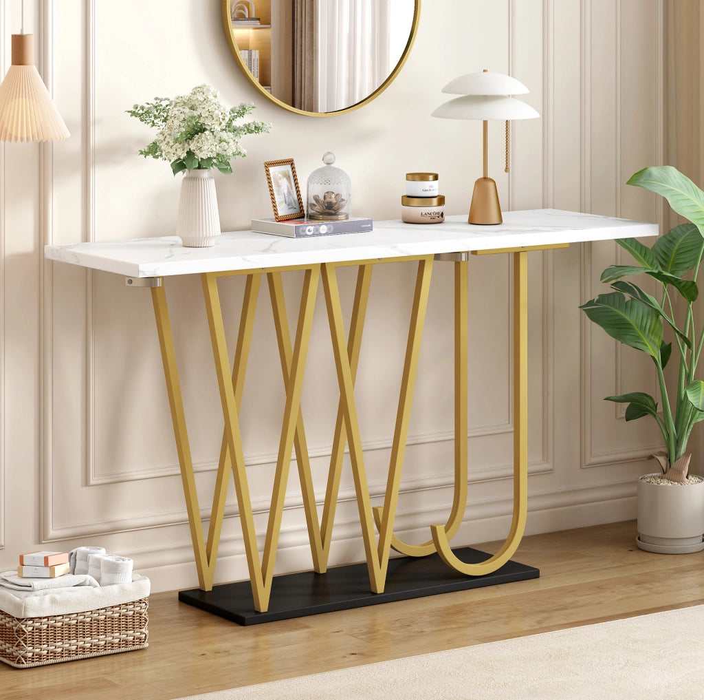 Tavolo consolle 120x29.5x80 cm con piano effetto marmo; ripiano inferiore; MDF e metallo bianco