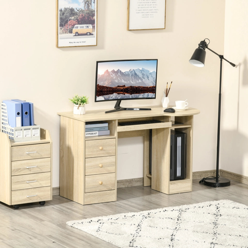 EasyComfort Scrivania da PC per Ufficio con Scaffali, Cassetti e Ripiano Testiera in Legno, 125x60x74cm