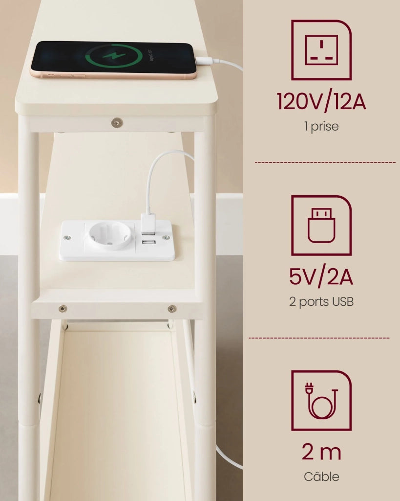 Tavolino sottile con multipresa comodino a 3 ripiani tavolino per piccoli spazi portariviste soggiorno camera da letto ufficio tavolini beige 12_0007559