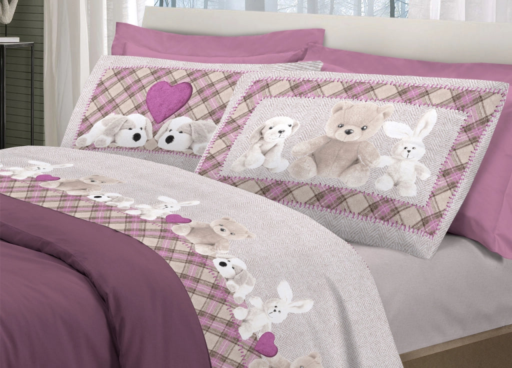 Completo Lenzuola Linea Pensieri Delicati 100% Cotone Disegno Peluche - Matrimoniale - Rosa