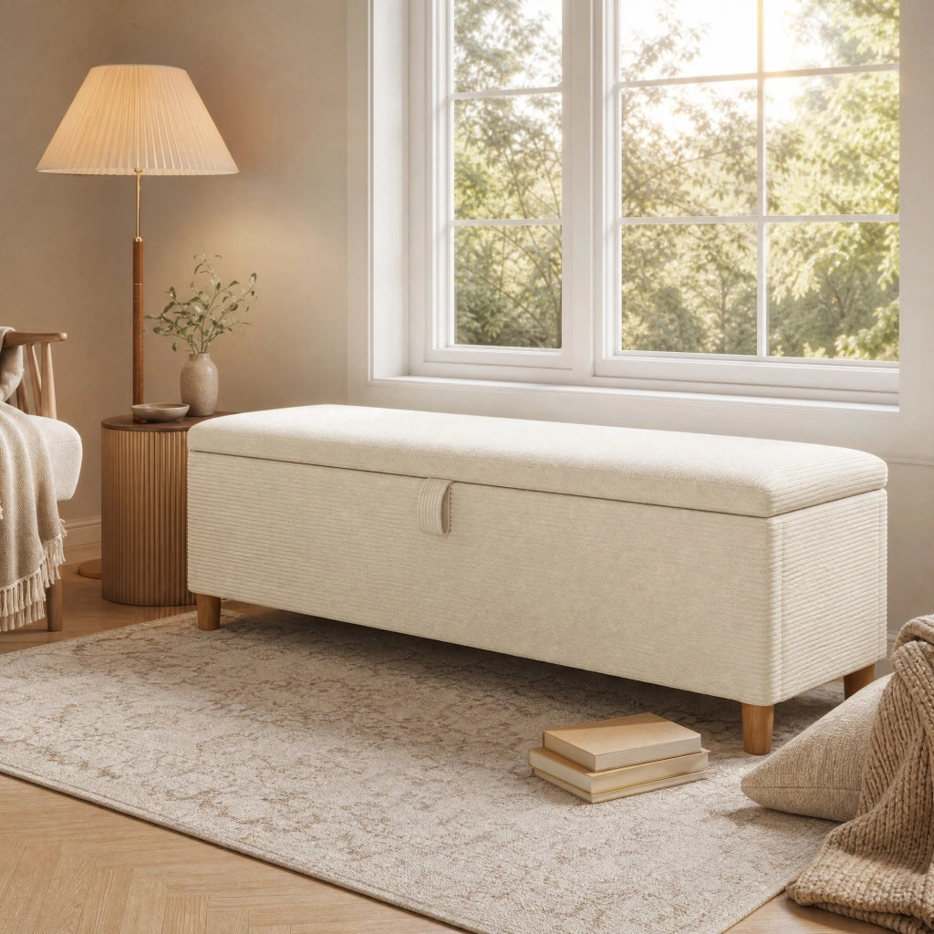 Letto matrimoniale 180x200 cm con LED; contenitore e panca in velluto a coste beige