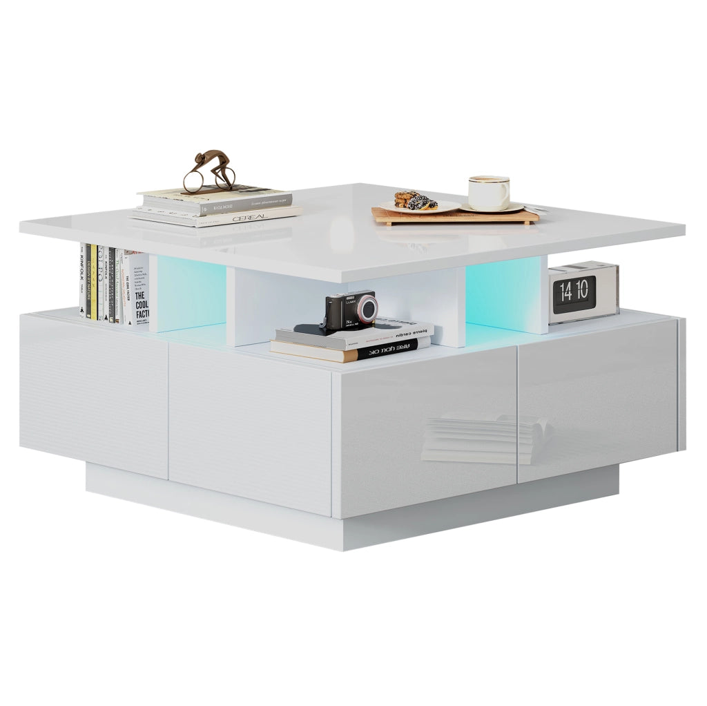 Tavolino da salotto bianco con luci e 4 cassetti