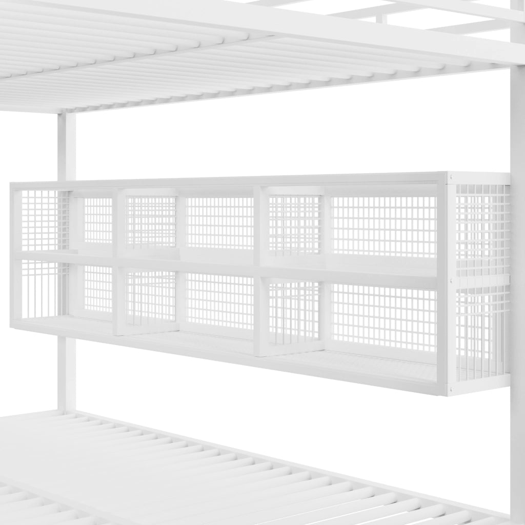 Letto a castello 140 × 200 cm con 6 armadietti, LED regolabile e ripiano, senza materasso, in metallo, bianco