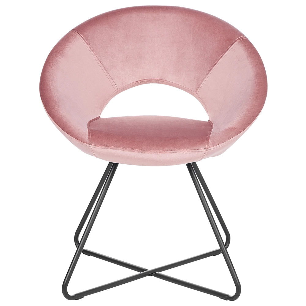 Poltrona Tappezzata in velluto rosa Senza braccioli Base a croce nera Struttura in acciaio Design retrò