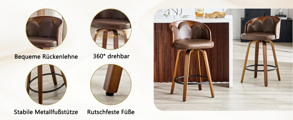Sgabello da bar con schienale a fiore in legno curvato e PU con poggiapiedi in metallo marrone 64,5 × 53 × 47 cm