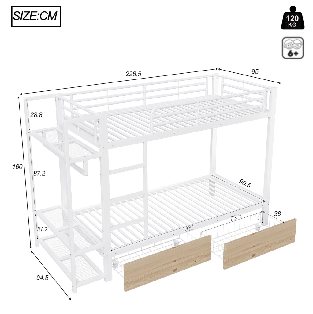 Letto a castello 90 x 200 cm bianco con LED, cassetti, ripiani e barra appendiabiti