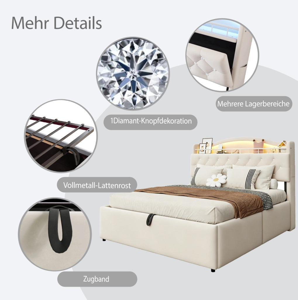 Letto matrimoniale 180x200 cm con contenitore idraulico; LED; USB e USB-C; beige