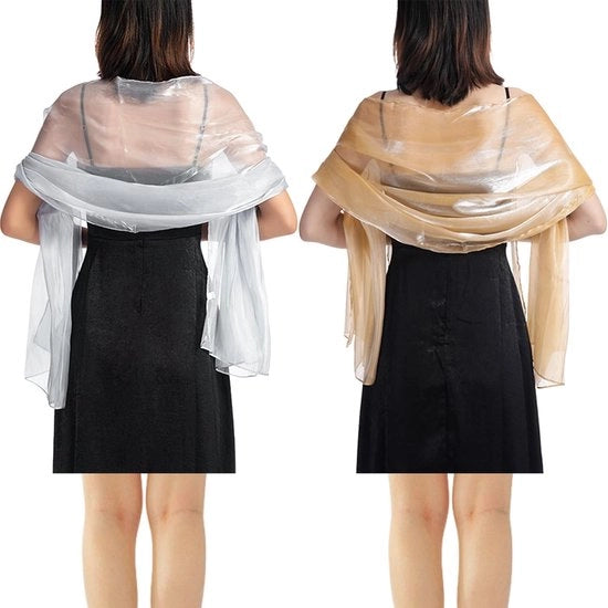 Doppio scialle in set di due pezzi - Scialle a lutto in lino - Poliestere - Elegante - 200 x 68 cm - Champagne/Argento grigio - Leggero e soffice
