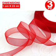 Trade Shop - 3 Rotolo Rotoli Nastro Rosso Bomboniera Organza Decorazioni Addobbi Decoupage -