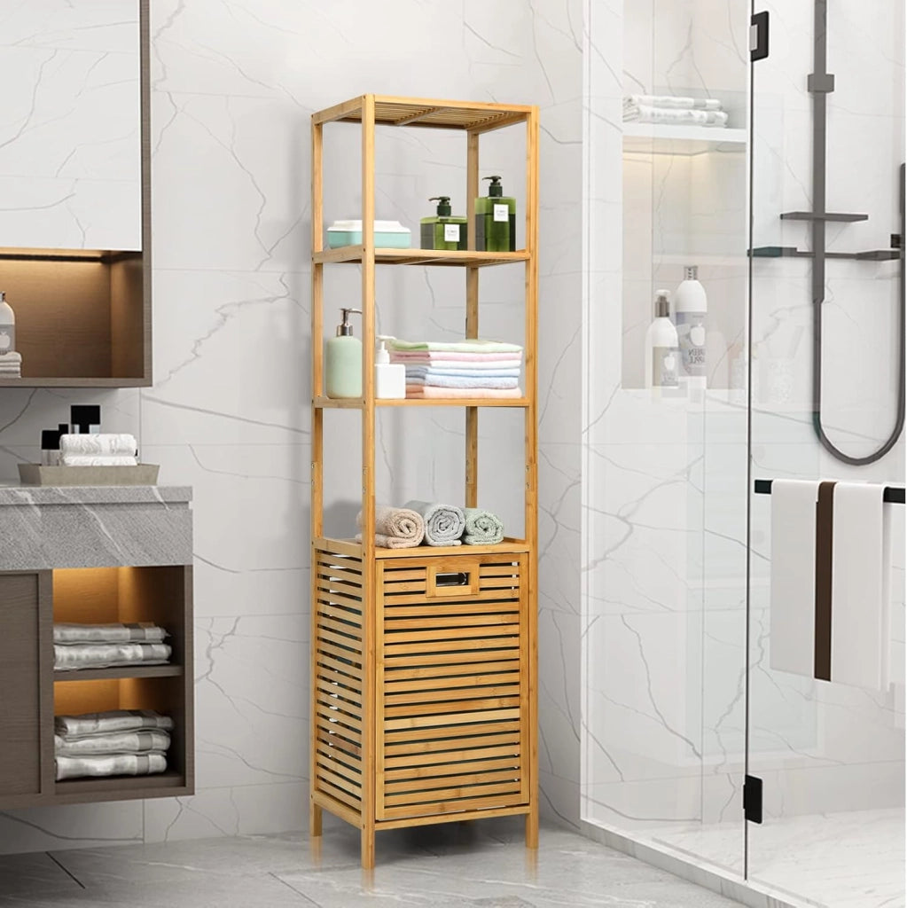 Scaffale Bagno in Bambù, Mobile da Bagno con Cesto Portabiancheria, Scaffalatura da Bagno, 3 Ripiani, Marrone, 40x33x160 cm