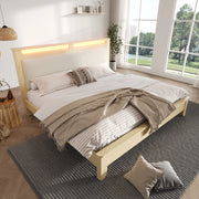 Letto matrimoniale 180 × 200 cm con testiera portaoggetti, LED regolabile e schienale in corda beige, senza materasso