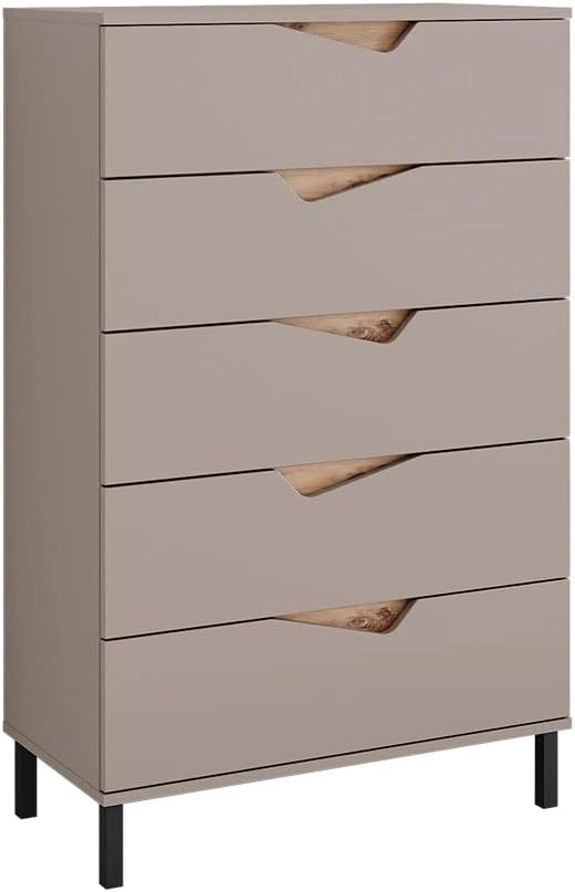 Cassettiera per camera da letto Marelle, Verde/Artigianale, 76 x 120 cm con 5 cassetti, adatto per riporre abiti e oggetti di uso quotidiano