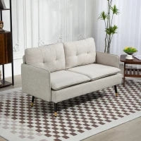 Divano 2 Posti in Tessuto Effetto Lino con Gambe in Acciaio e Cuscini Imbottiti, 139x68x80 cm, Bianco Crema