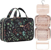 Toilettas per viaggiatrice con grandi tasche di makeup a 4 compartimenti, impermeabili, completamente apribile, borse per accessori di viaggio (foglie nere, grande)