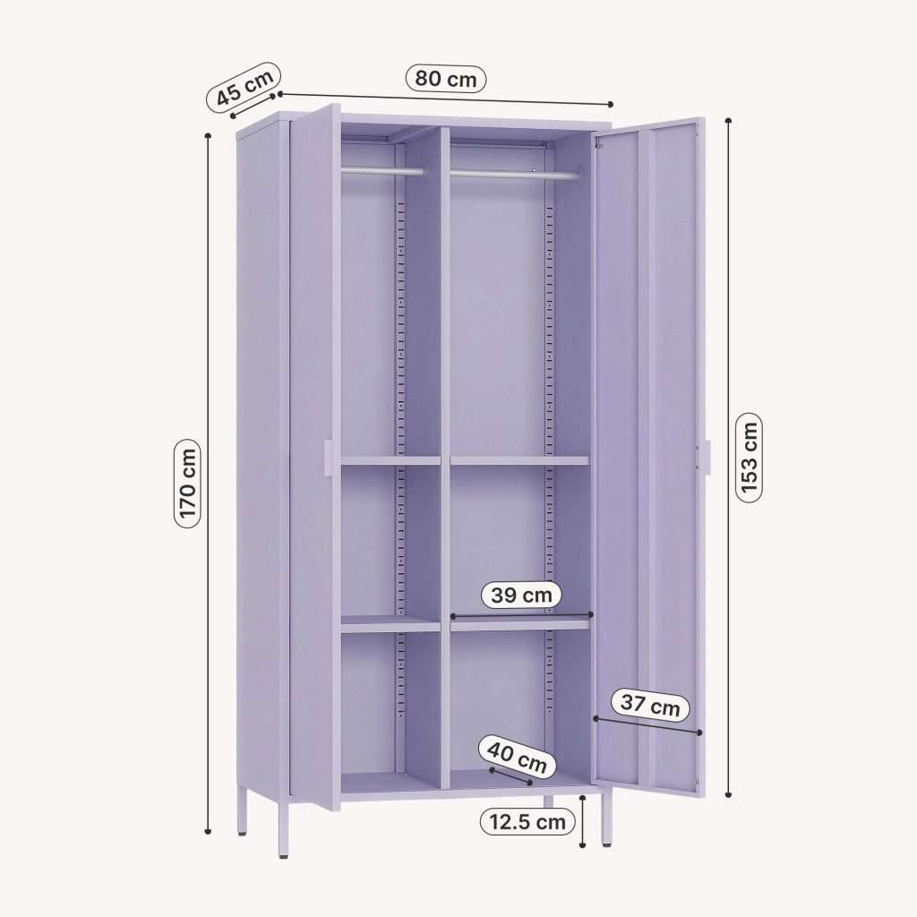 Armadio Guradaroba Esteli in Acciaio a 2 Ante con 2 Barre Appendiabiti e 4 Ripiani 170 x 80 x 45 cm - Viola [en.casa]