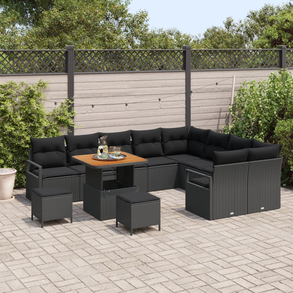 Set di divani da giardino da 12 pezzi con cuscini in polyrattan nero