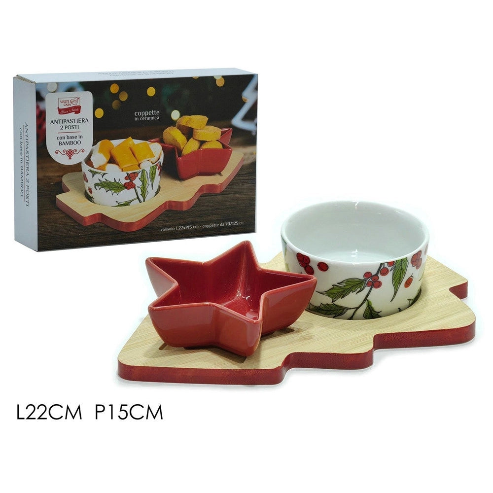 Trade Shop - Antipastiera 2 Posti Con Ciotole In Ceramica Base In Bambù Albero Di Natale Idea Regalo -