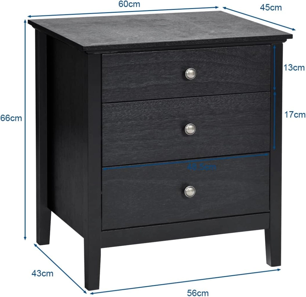 Comodino con 3 Cassetti, Comodino Moderno con 3 Cassetti, Tavolino di Legno, Con Ampio Spazio per Casa, Ufficio, Salone, Camera da letto, 60 x 45 x 66 cm (Nero)