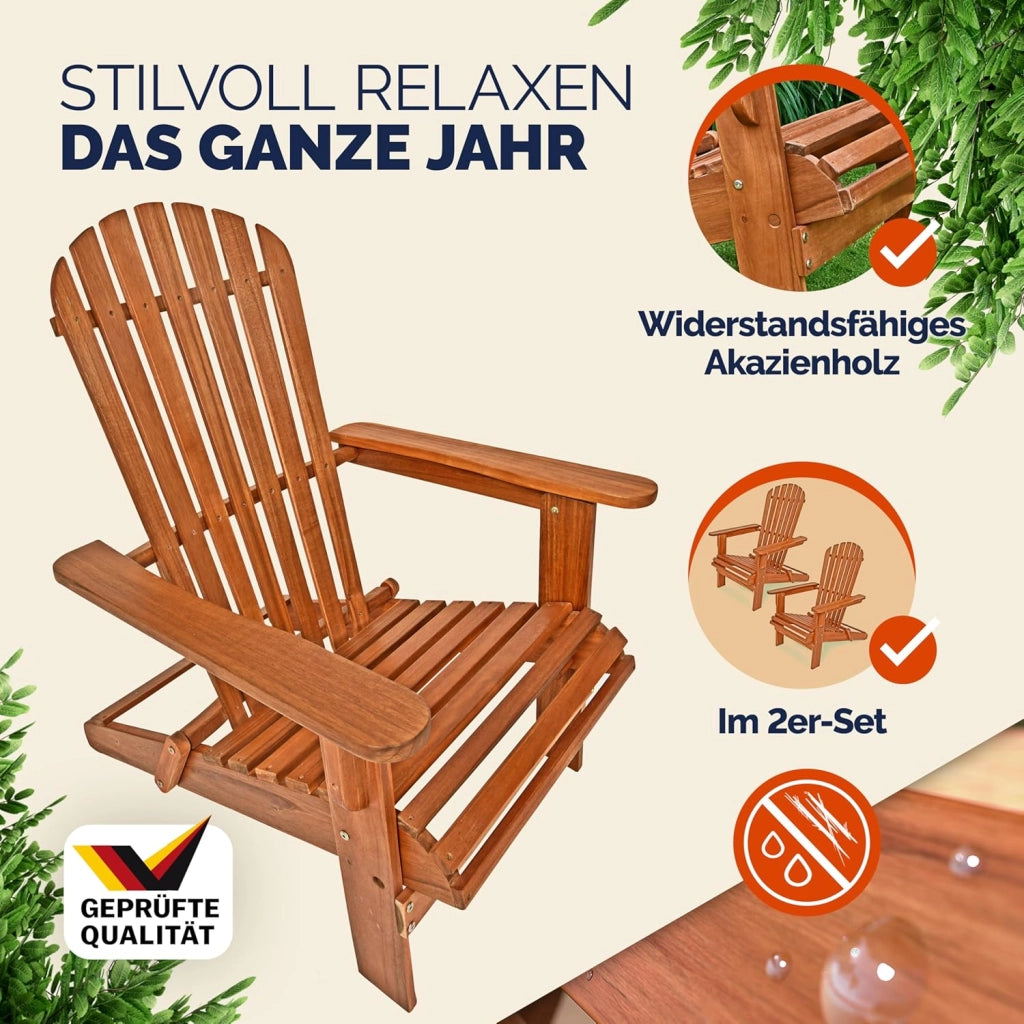 2x Sedia Prendisole Relax Set Pieghevole Adirondack da Giardino Sdraio Mare Legno di Acacia