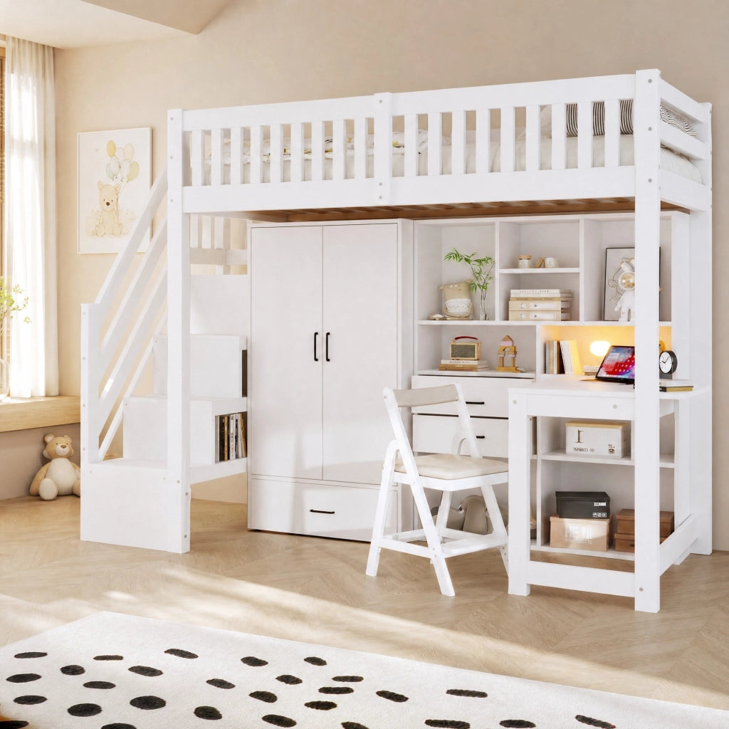 Letto a soppalco 90 × 200 cm con scrivania e armadio; scala contenitore; cassetti; ripiani e barriera in legno bianco