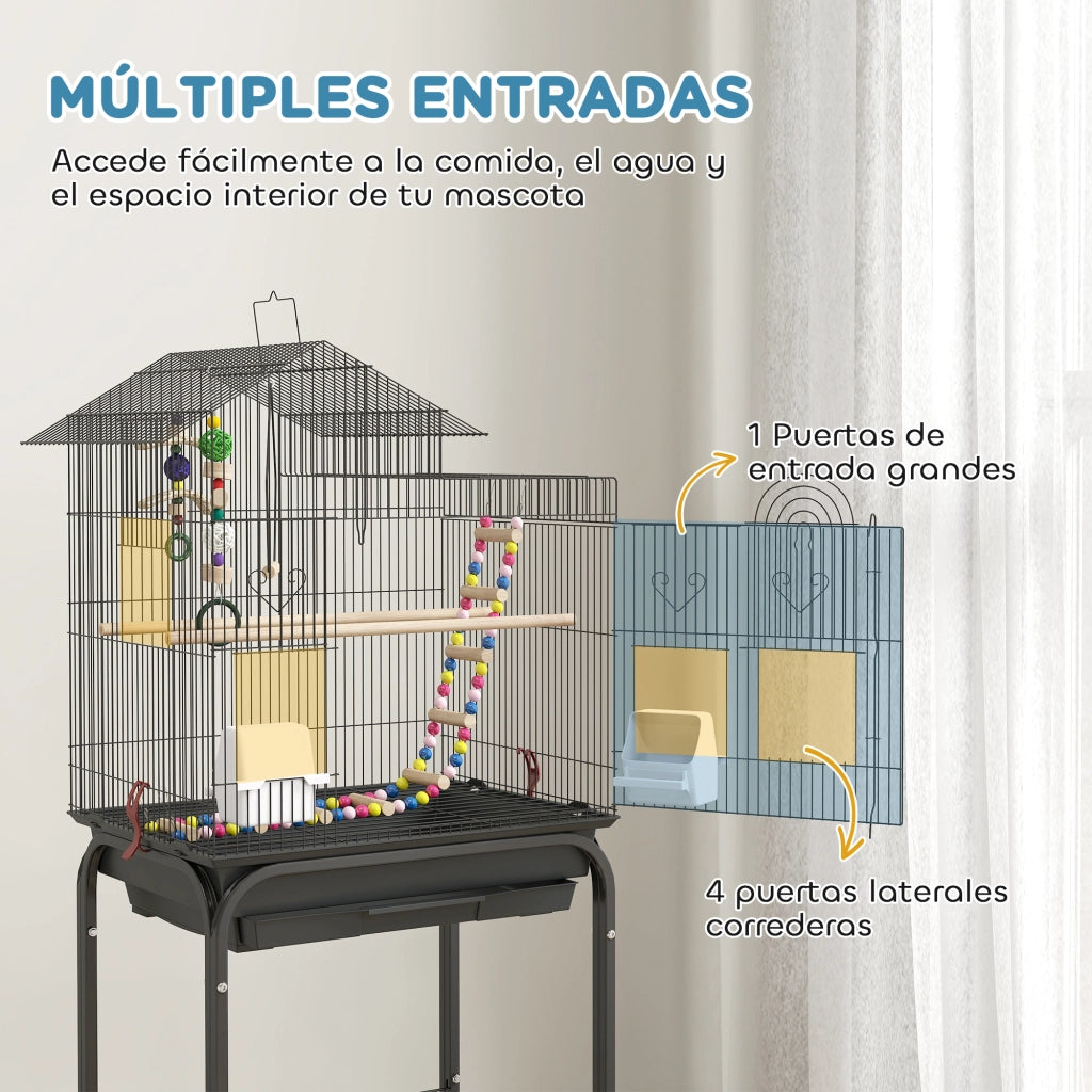 Gabbia per Uccelli con Ruote 2 Mangiatoie ¨C zephmum ¨C Nero 46x36x120 cm
