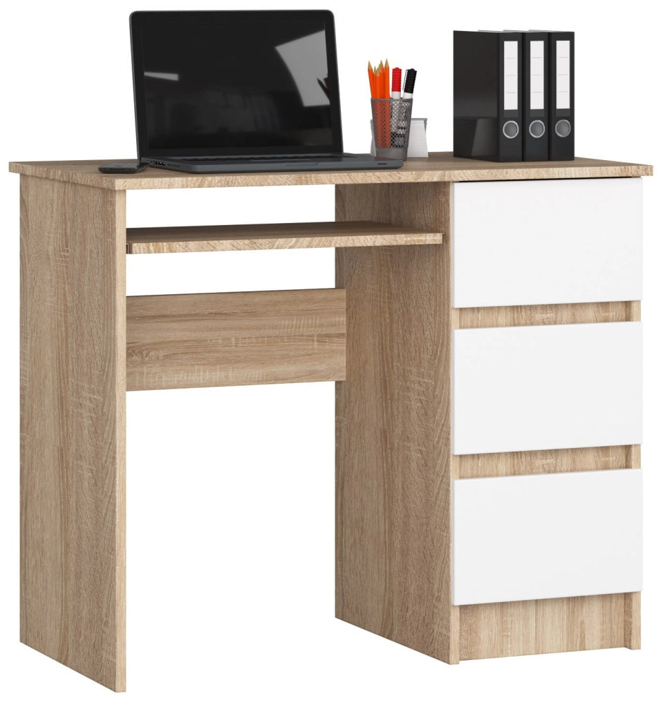 Scrivania per computer AKORD A6 Sonoma Quercia 90 cm 3 cassetti inserto frontale Bianco 90x50x77 cm Modello a destra