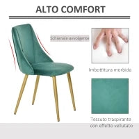 Set 2 Sedie da Pranzo Imbottite Moderne con Rivestimento e Schienale, Gambe in Ferro da Cucina, Salotto o Soggiorno in Stile Moderno, Verde, 50x56.5x85cm