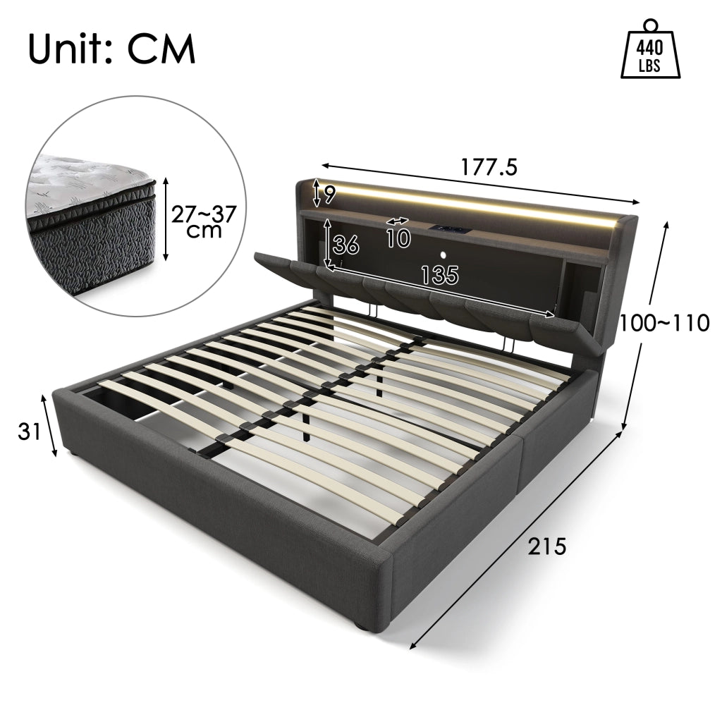 OKWISH Letto Contenitore 160×200 cm, Letto Matrimoniale con Prese, USB, Tipo C e LED Regolabile, senza Materasso, in Lino - Grigio