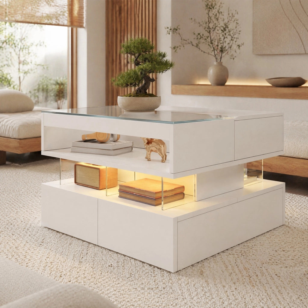 Tavolino da salotto elevabile bianco con LED e piano in vetro