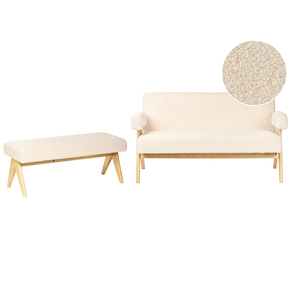 Set di divani Bianco Sporco e marrone chiaro Divano a 2 posti Panca Boucle Rivestimento Retro Design Gambe di legno Soggiorno