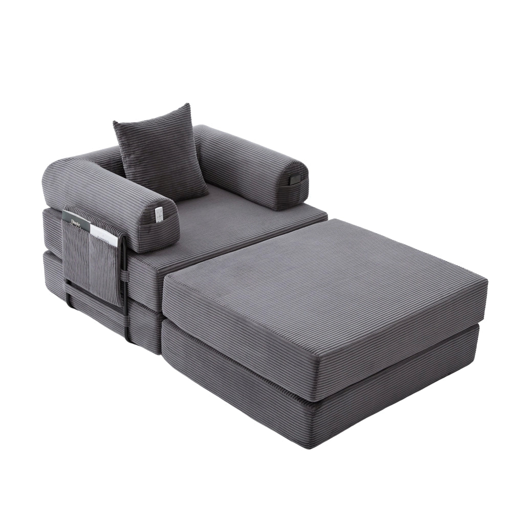 Poltrona con pouf compressa ergonomica con tasca e cuscino in velluto a coste grigio scuro 112 × 190 × 67 cm