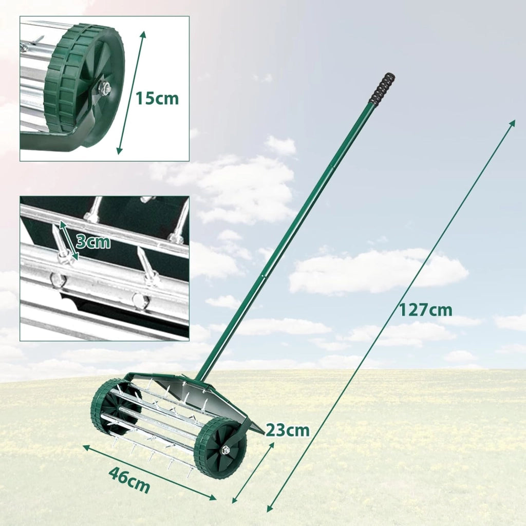 Arieggiatore per Prato a Rullo Manuale, Aeratore con Ruote da Giardino con Chiodi da 3 cm, Scarificatore a Mano in Metallo, Ideale per Prato, Orto e Terreno (46 x 127 cm, con Parafango)