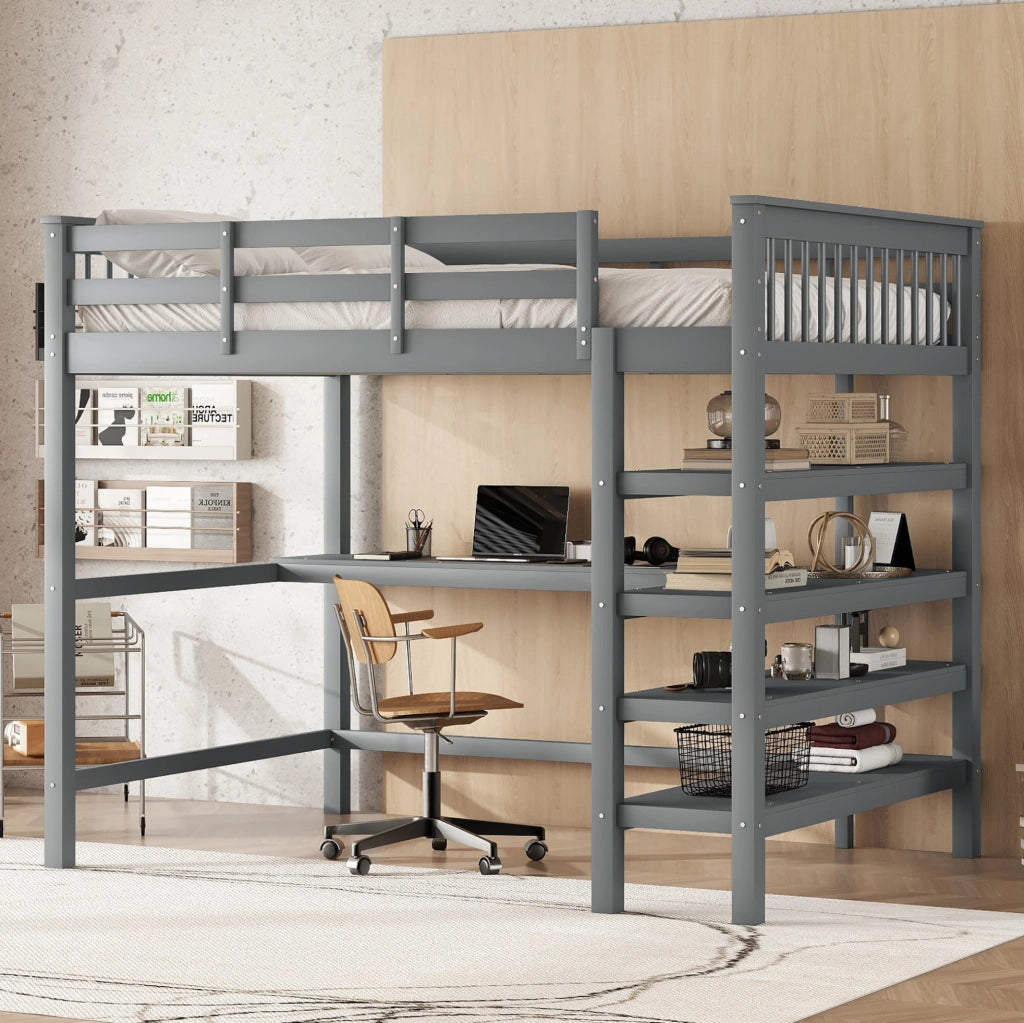 Letto a soppalco 140x200 cm grigio con scrivania e ripiani, legno di pino e MDF